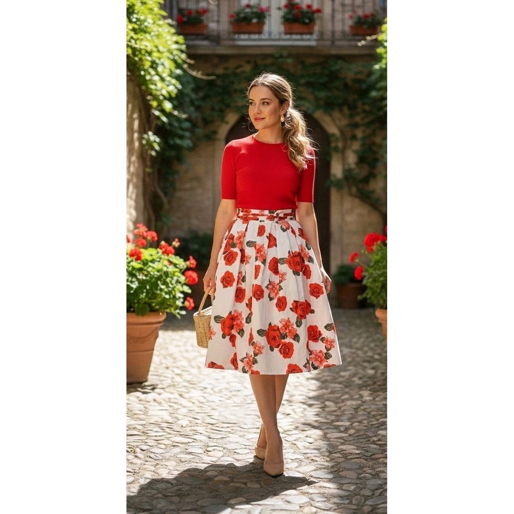 Women's Floral Rose Print Full Midi Skirt Pleated Cotton Coquette Valentines M